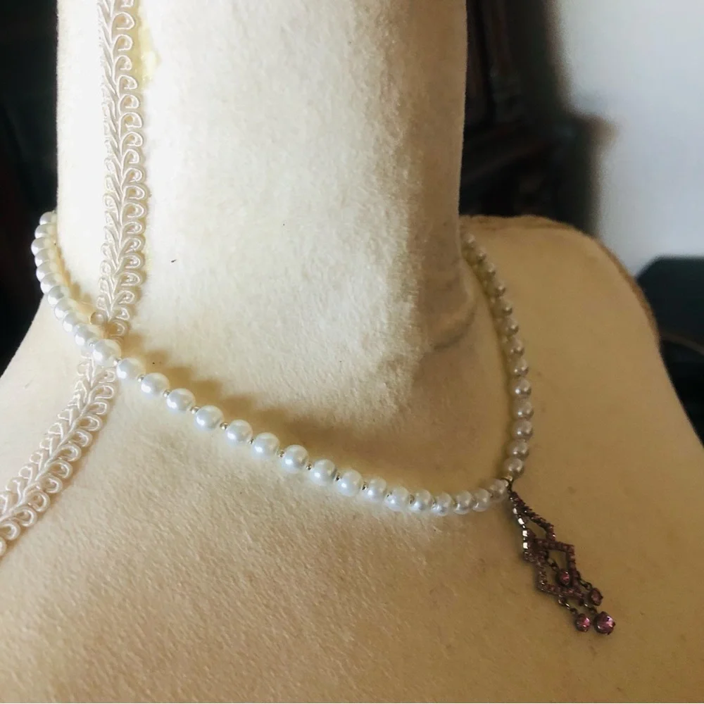 Handcrafted repurpose elegant pink chandelier pendant Czech glass Pearl necklace